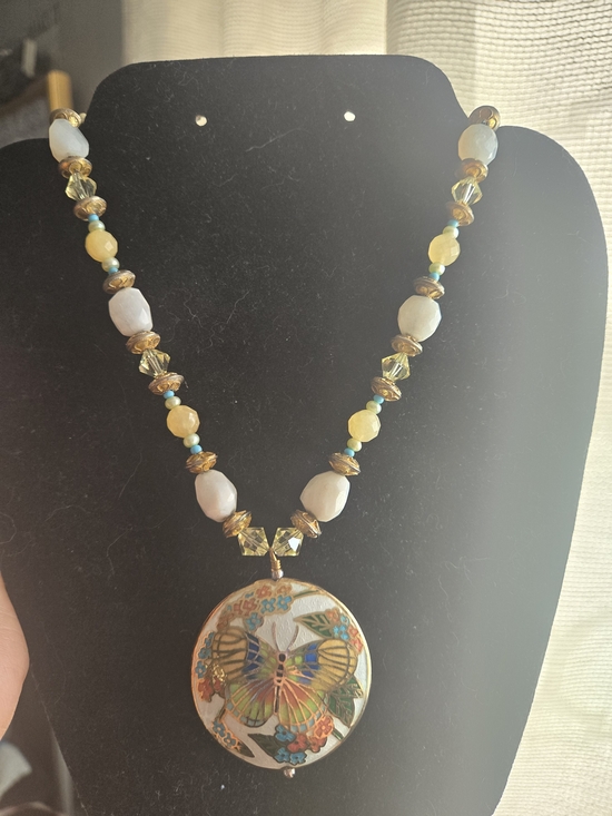 Jewelry - Vintage Cloisonné Butterfly Motif Pendant Necklace, Cloisonne And Stone Beads